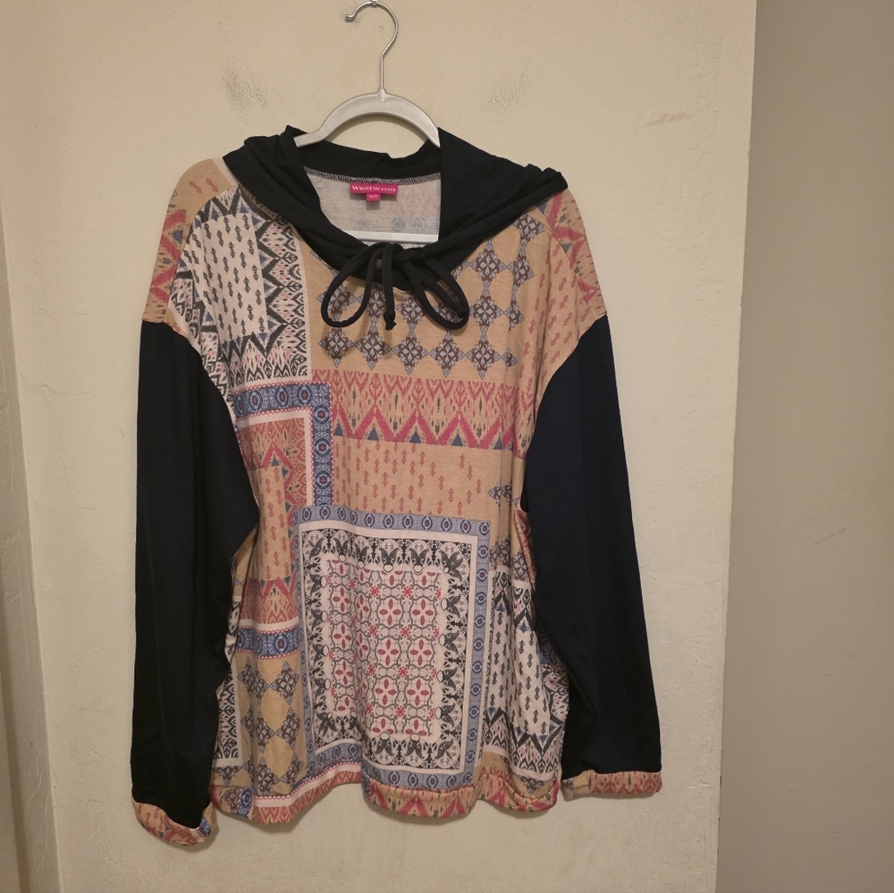 NWOT Westwind Boho Patchwork Hoodie with Blue Sleeves Size M/ L